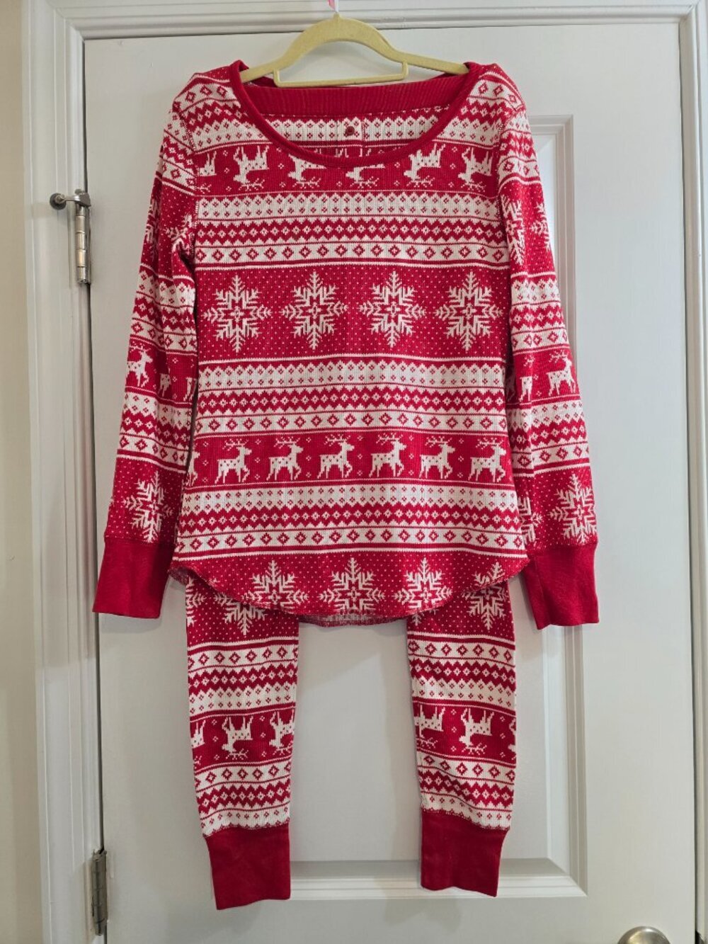 Old Navy Thermal-Knit Pajama Set - Red Fair Isle Reindeer and Snow - Picture 2 of 8